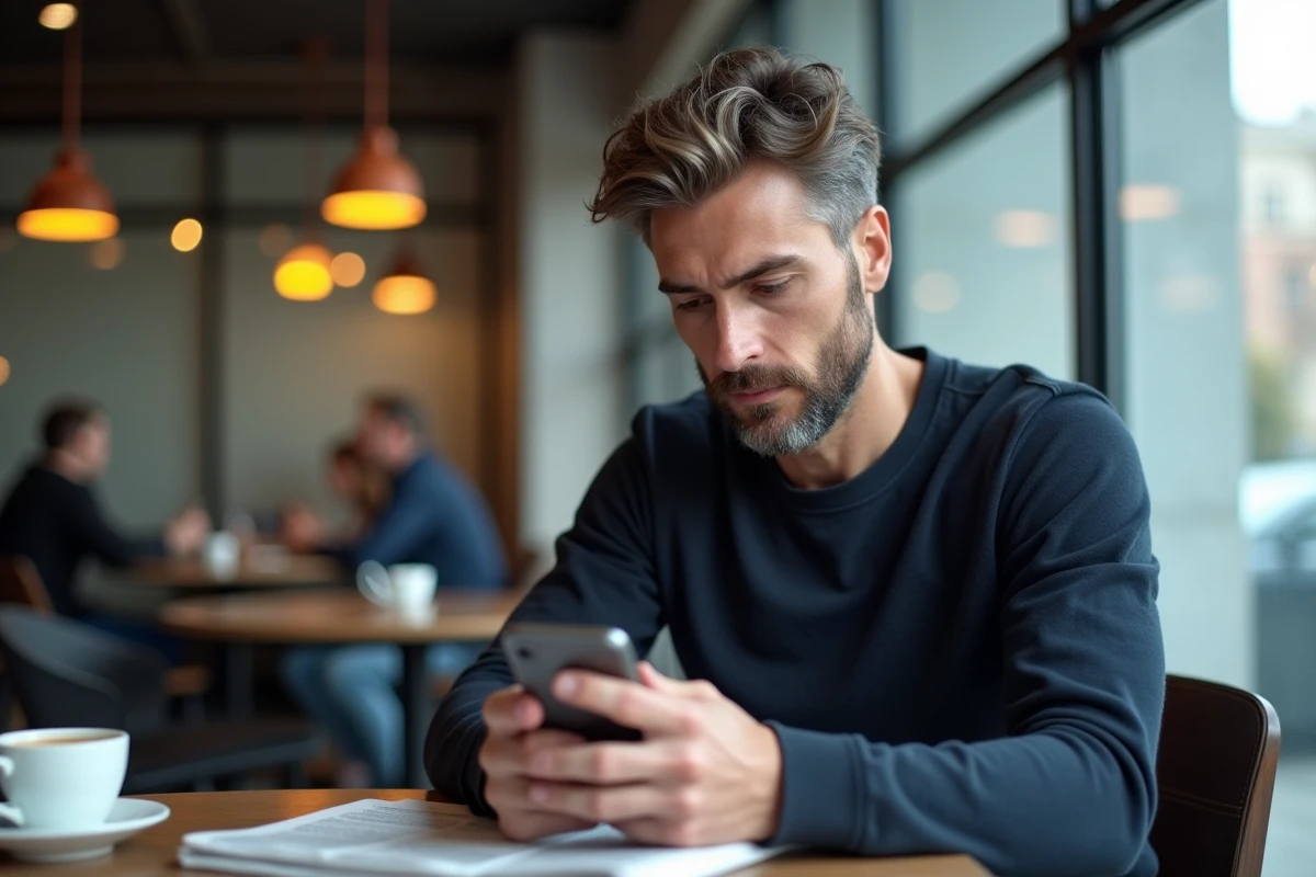 Homme dans un café consultant son smartphone pour la solution Codycross du jour
