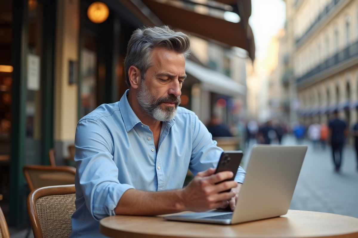Homme au café teste un ordinateur portable en plein air