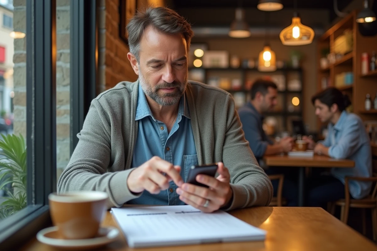 Homme concentré au café en utilisant son smartphone