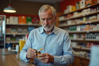 Homme d'âge moyen vérifiant le prix de cigarettes au comptoir