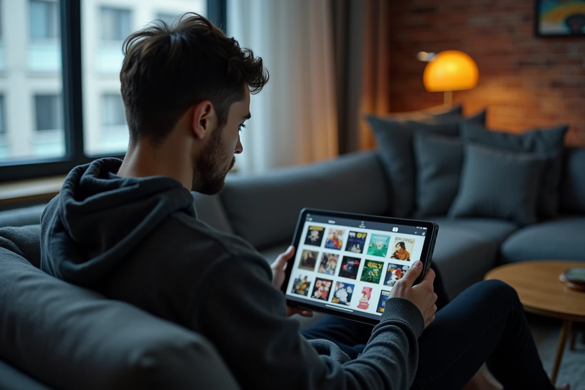 Homme adulte consultant un catalogue de séries animées sur une tablette dans un salon moderne