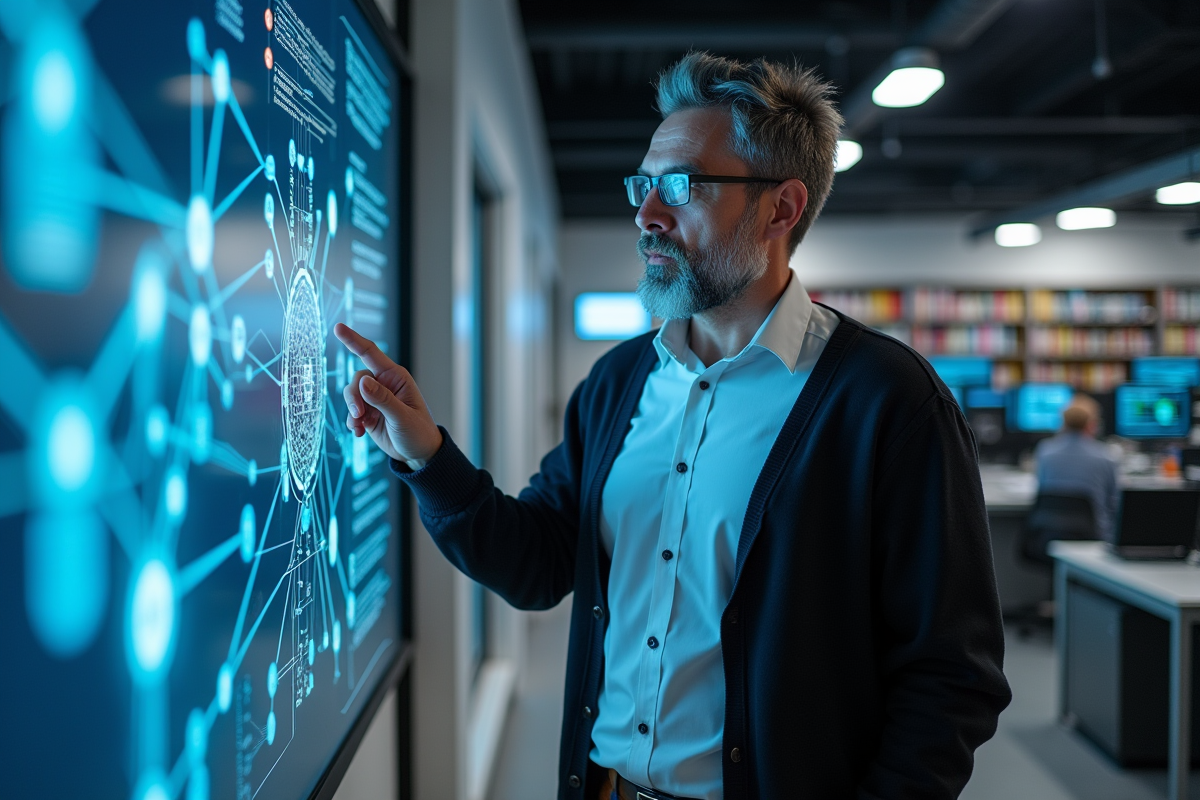 Chercheur en laboratoire universitaire avec écran interactif
