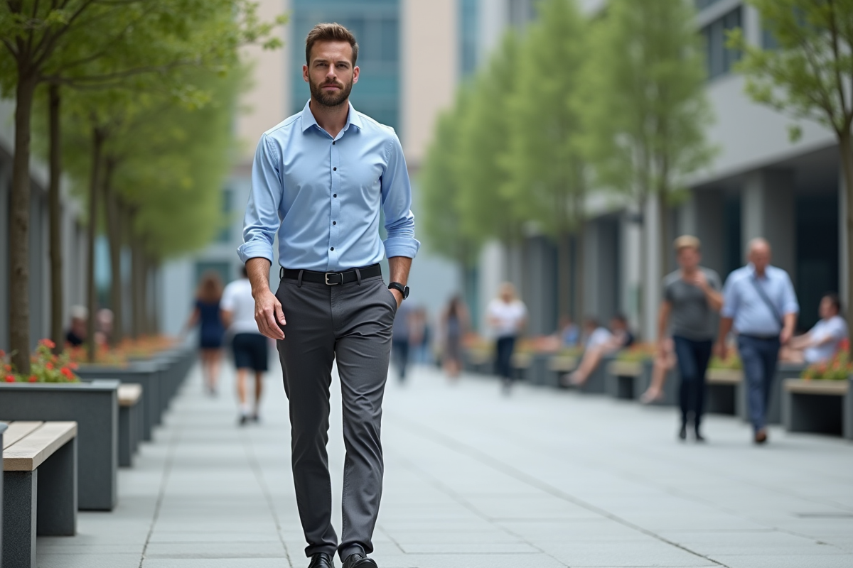 Homme confiant marchant dans une place urbaine avec pantalon gris
