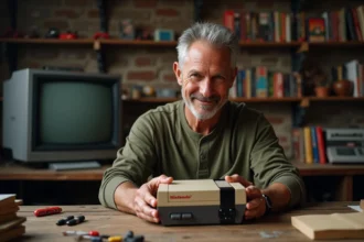 Homme tenant une vieille console NES avec des cartouches rétro sur un bureau de bois, ambiance nostalgique