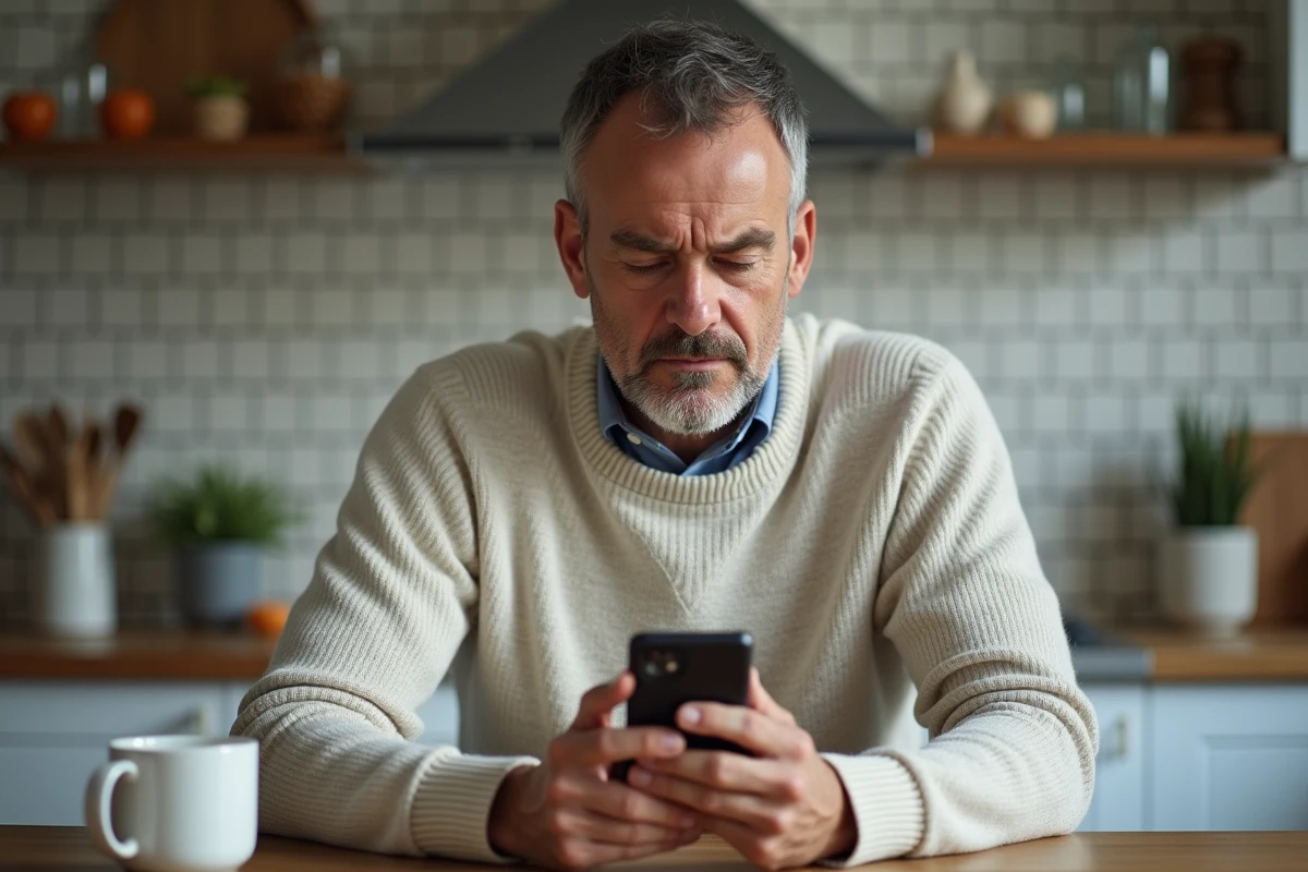 Homme fâché utilisant son smartphone dans la cuisine