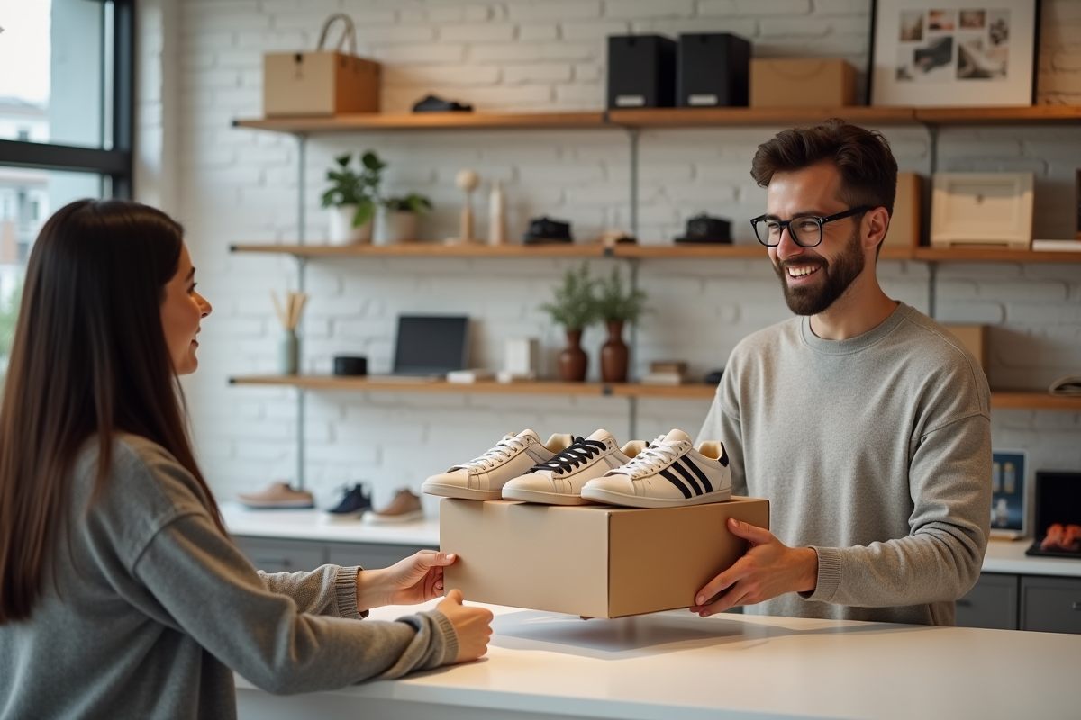 Homme souriant remet une boîte de sneakers dans une boutique moderne