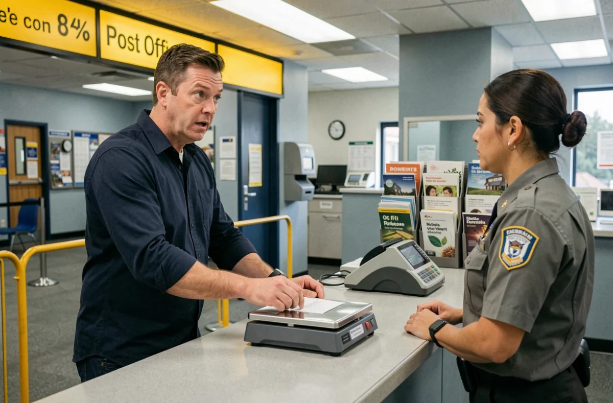 Homme à un guichet de La Poste pesant une lettre sur une balance postale