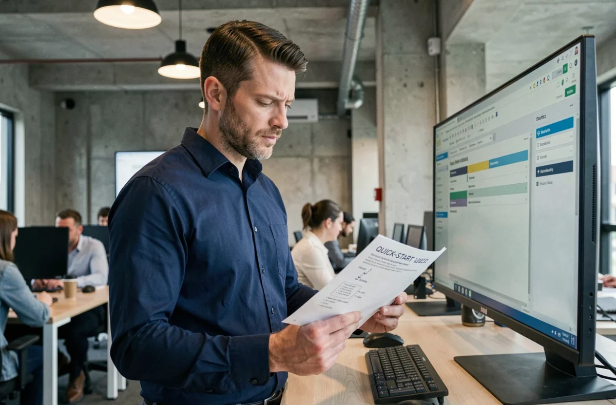 Homme en bureau moderne consultant un guide imprimé pour débuter avec le logiciel Kabrax