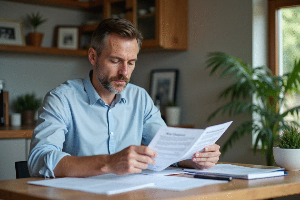 Homme d'affaires lisant des documents dans une cuisine moderne