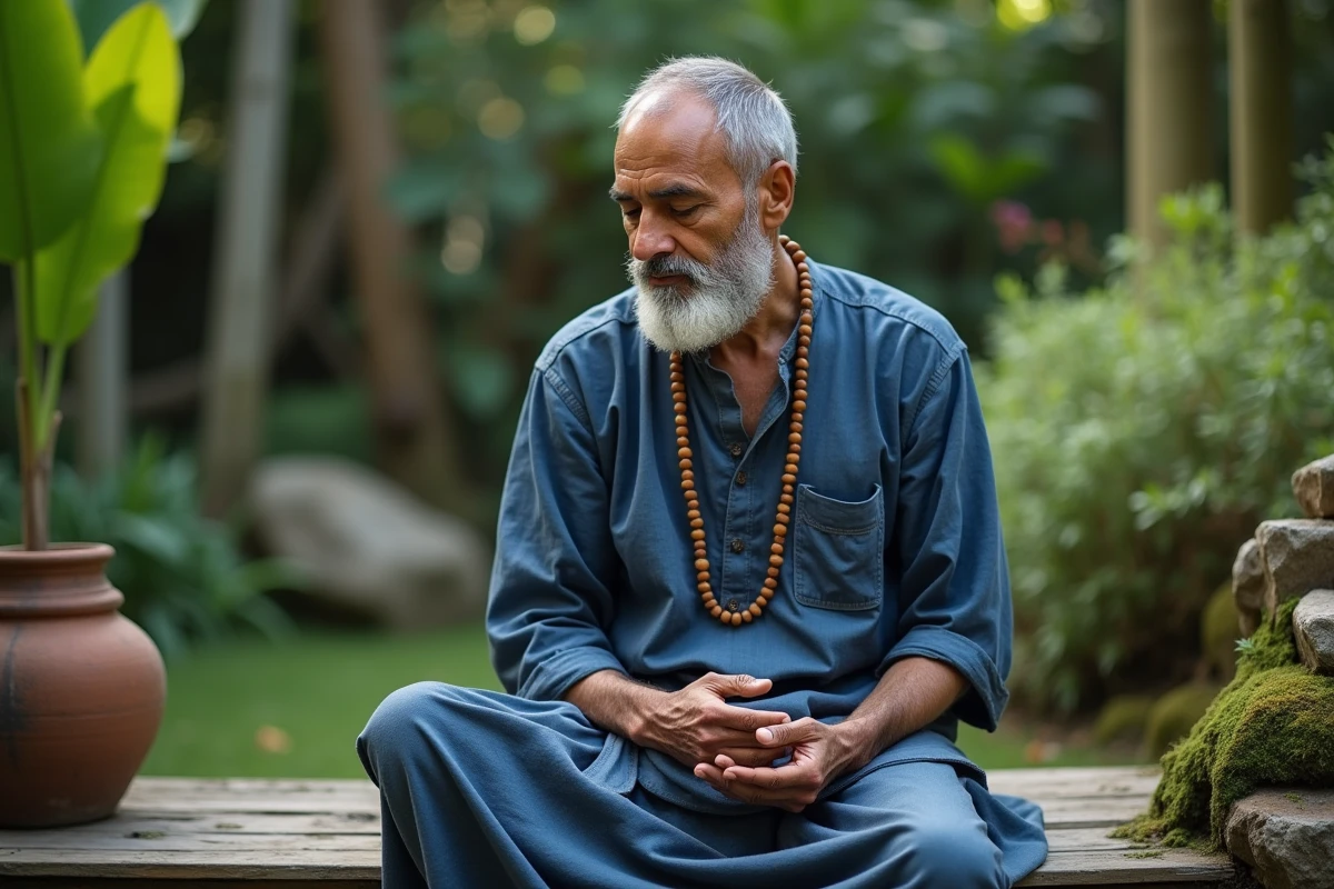 Homme âgé tenant un mala de prière et récitant un mantra en plein air dans un jardin verdoyant