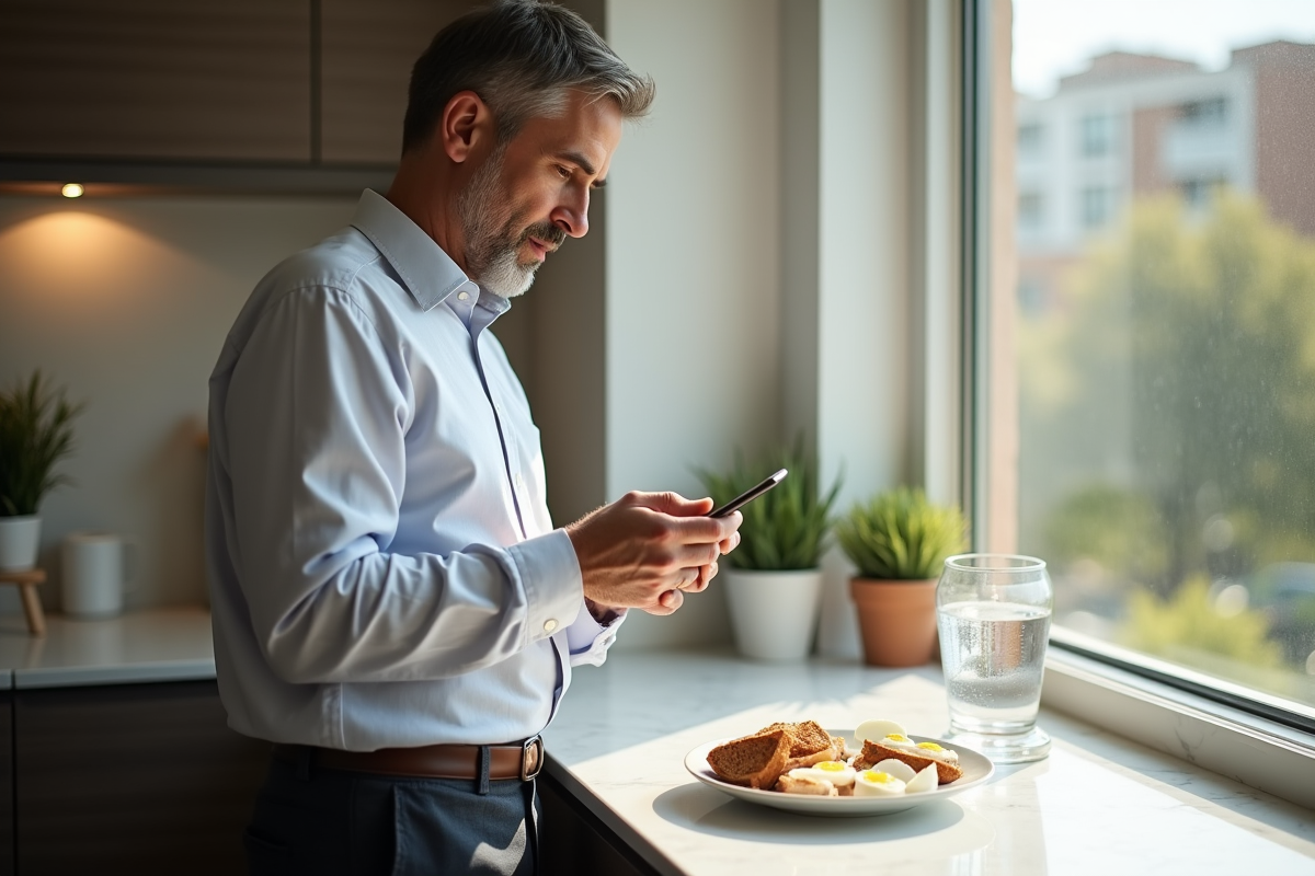 Homme regardant la fiche nutrition avec un œuf dur à la main
