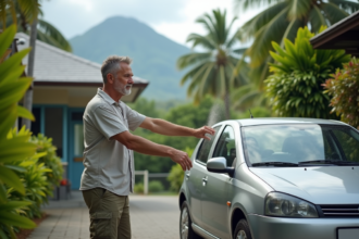 Homme nettoyant le pare-brise d'une voiture à La Réunion