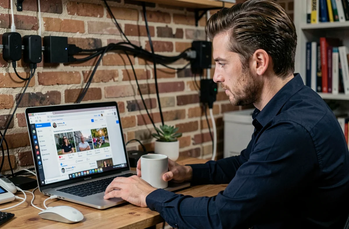 Homme utilisant un ordinateur portable pour consulter des stories Instagram anonymement depuis un bureau à domicile