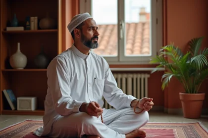 Homme en tenue traditionnelle récitant des prières sur un tapis de prière dans un intérieur toulousain avec vue sur les toits en briques rouges