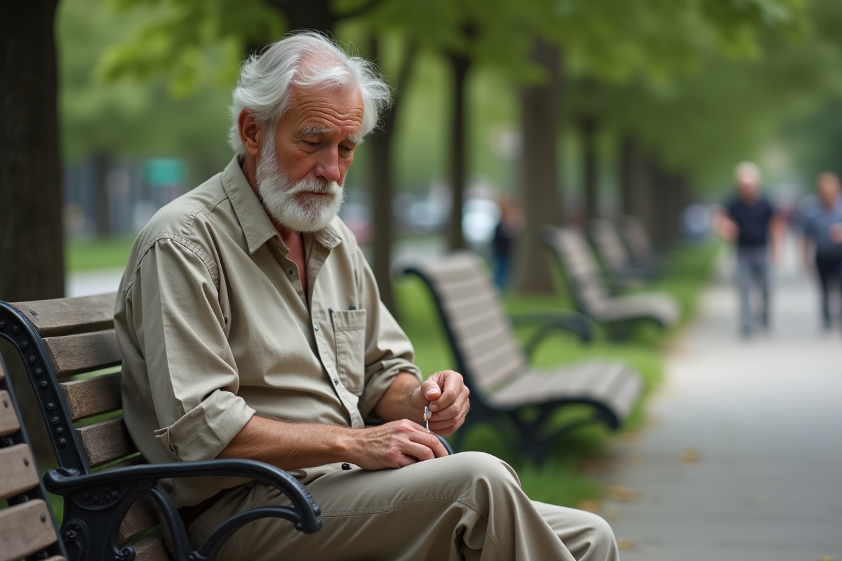 Homme âgé répare une veste dans un parc urbain en plein air