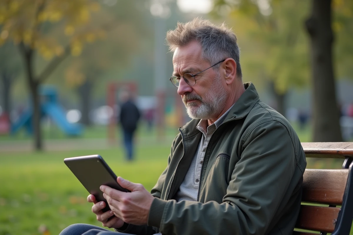 Homme assis sur un banc de parc avec une tablette en main