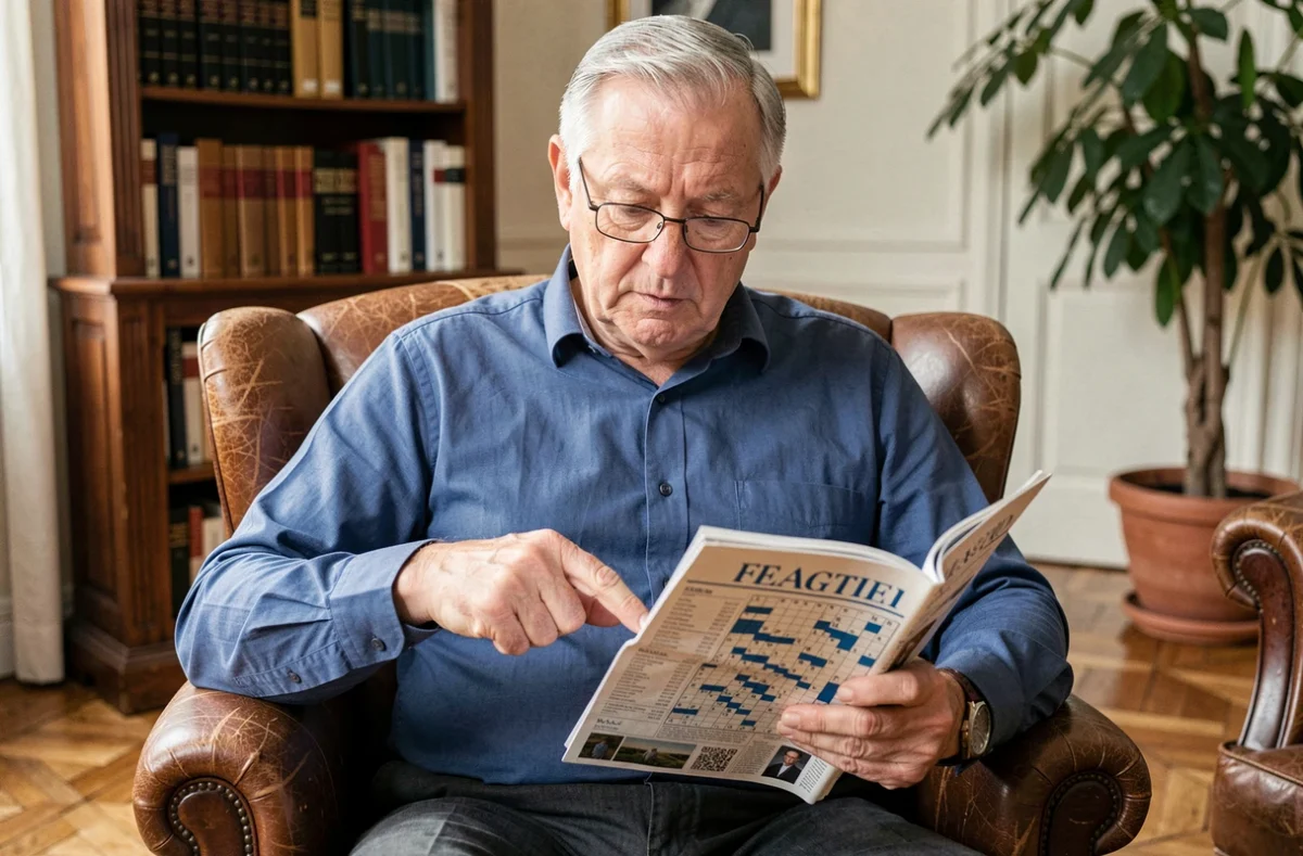 Homme senior en train de résoudre des mots fléchés dans un fauteuil en cuir avec un magazine de jeux