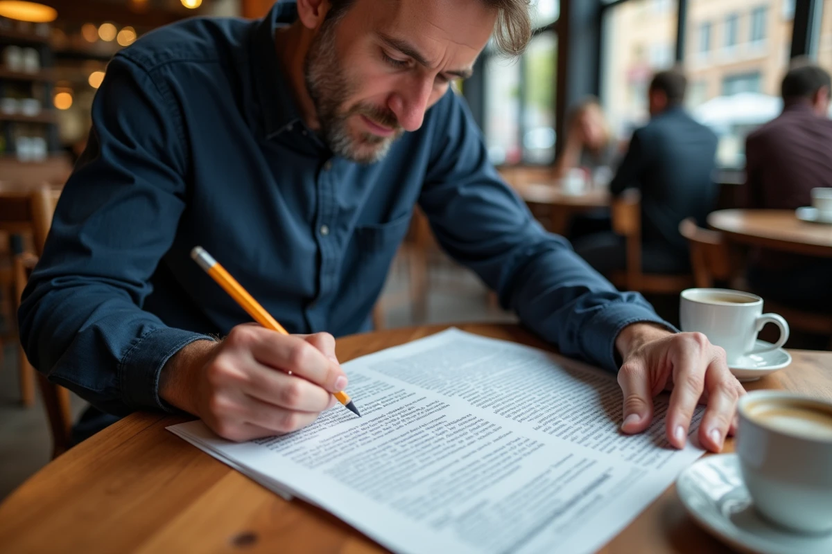 Homme annotant une page Wikipédia imprimée dans un café urbain pour élaborer une stratégie au jeu Pédantix