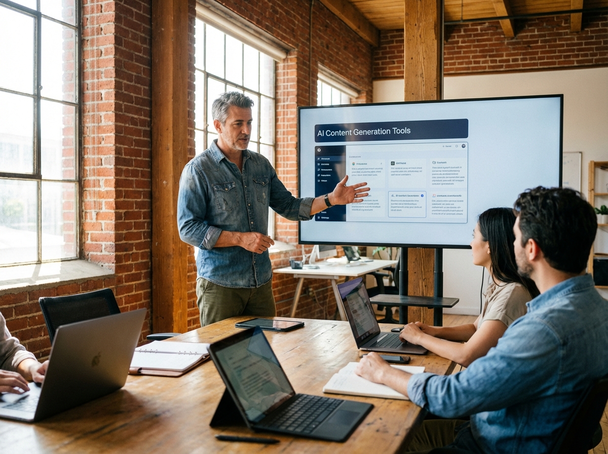 Homme en studio créatif expliquant un projet à ses collègues