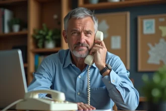 Homme d'âge moyen utilisant un téléphone fixe dans un bureau cosy