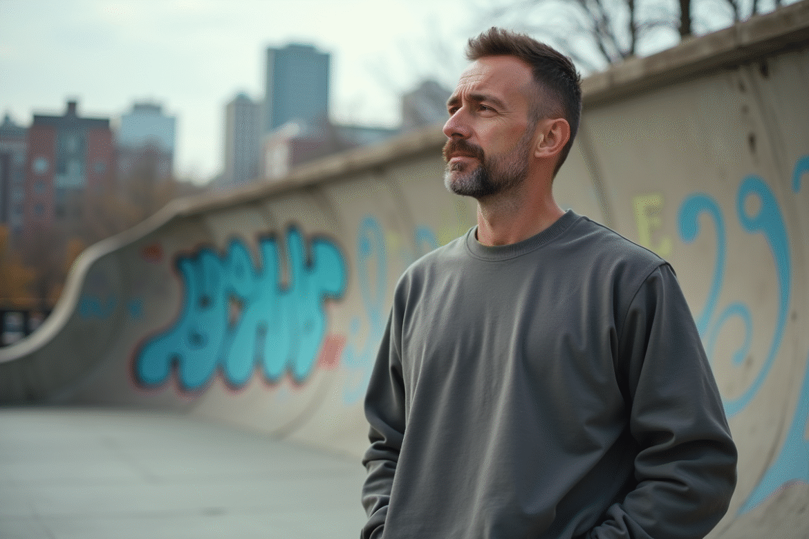 Homme d'âge moyen dans un décor urbain avec graffiti