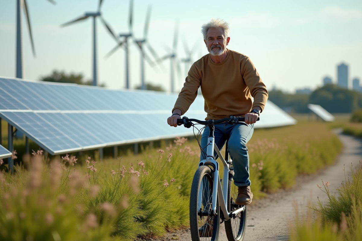 Homme à vélo passant devant des panneaux solaires dans un parc naturel
