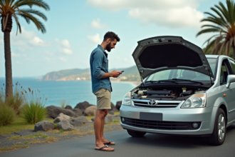 Homme d'âge moyen près d'une voiture avec le capot ouvert à L'ÉtangSalé