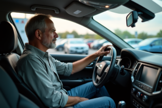 Homme d'âge moyen examinant le compteur dans une voiture d'occasion