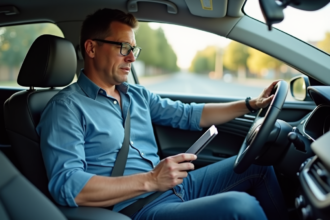 Homme d'âge moyen dans une voiture moderne regarde une tablette
