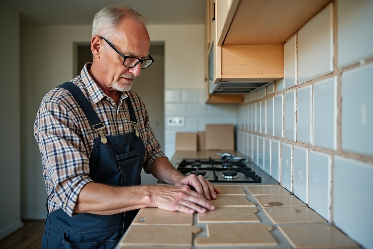 Homme pose des carreaux dans une cuisine en cours de finition