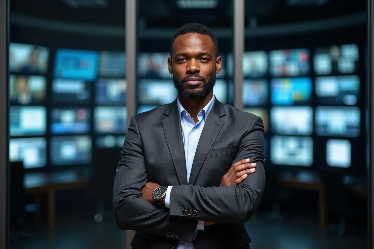 Humoriste noir en costume devant la régie d'un studio de télévision, symbolisant la sous-représentation à la télévision française