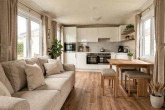 Intérieur moderne d'un mobil-home bien aménagé avec cuisine ouverte, parquet vinyle et décoration chaleureuse
