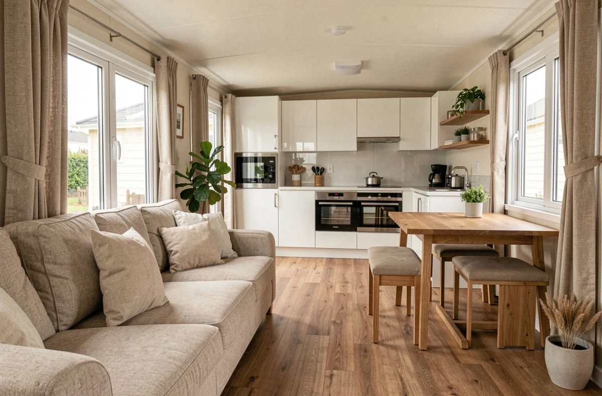 Intérieur moderne d'un mobil-home bien aménagé avec cuisine ouverte, parquet vinyle et décoration chaleureuse
