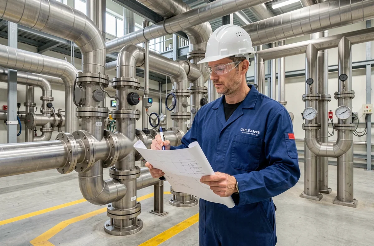 Ingénieur d'ITS Fluides Process en combinaison de sécurité inspectant des canalisations industrielles en acier inoxydable dans une usine près d'Orléans