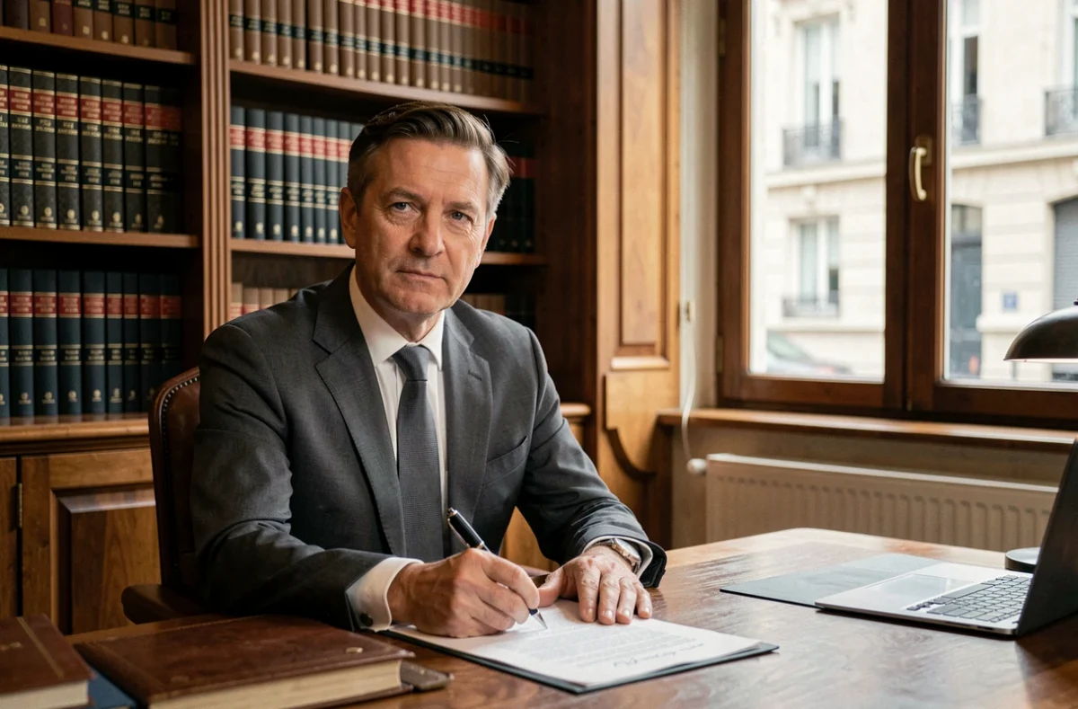 Avocat Jean-Michel Camus au barreau d'Angoulême, assis à son bureau en costume gris avec des livres de droit en arrière-plan