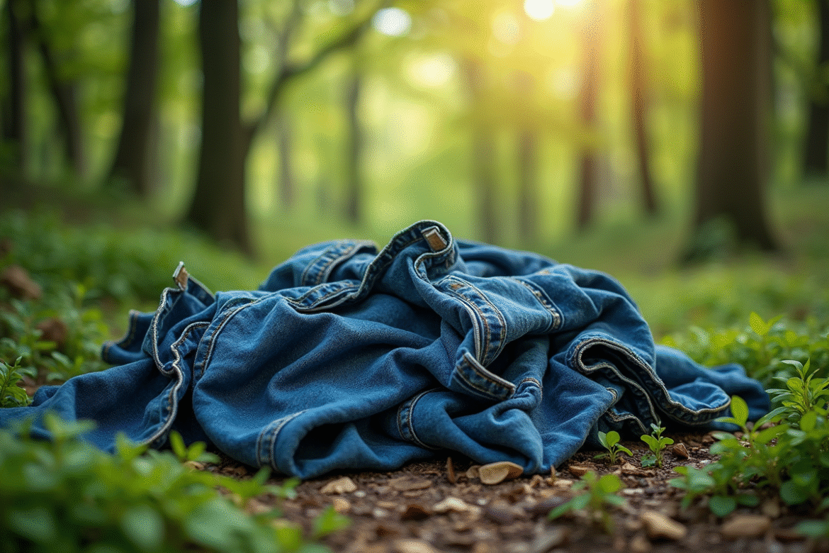 Jeans usés abandonnés dans une forêt verte ensoleillée