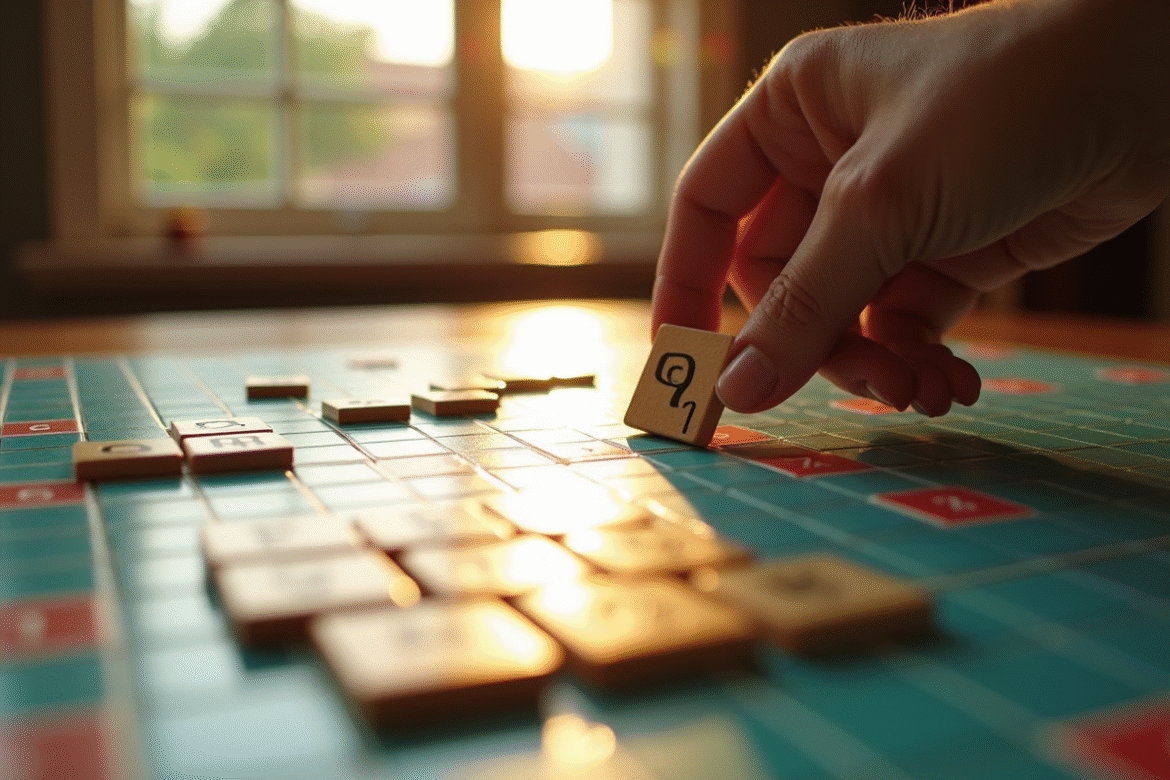 Partie de Scrabble en cours avec une main posant une lettre