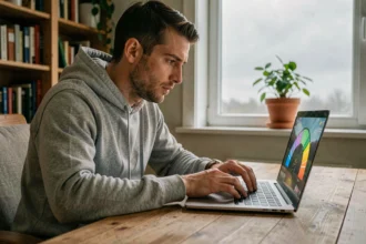 Homme jouant au jeu du demi-cercle en ligne sur un ordinateur portable dans un bureau à domicile