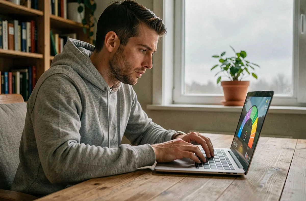 Homme jouant au jeu du demi-cercle en ligne sur un ordinateur portable dans un bureau à domicile