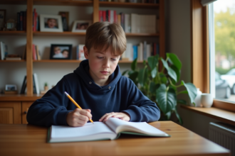 Jeune garçon de 13 ans concentré à son bureau à la maison