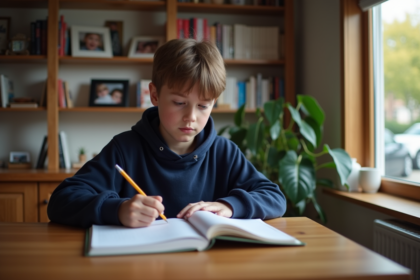 Jeune garçon de 13 ans concentré à son bureau à la maison