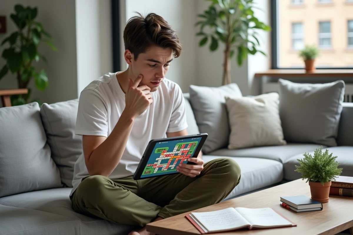 Jeune adulte sur un canapé résolvant une grille Codycross sur tablette avec un cahier de notes