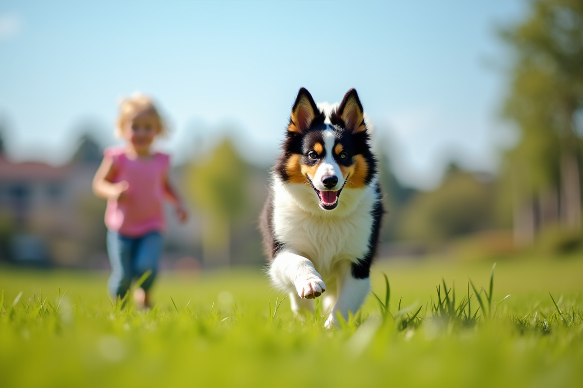 Jeune chien australien courant avec un enfant dans un parc