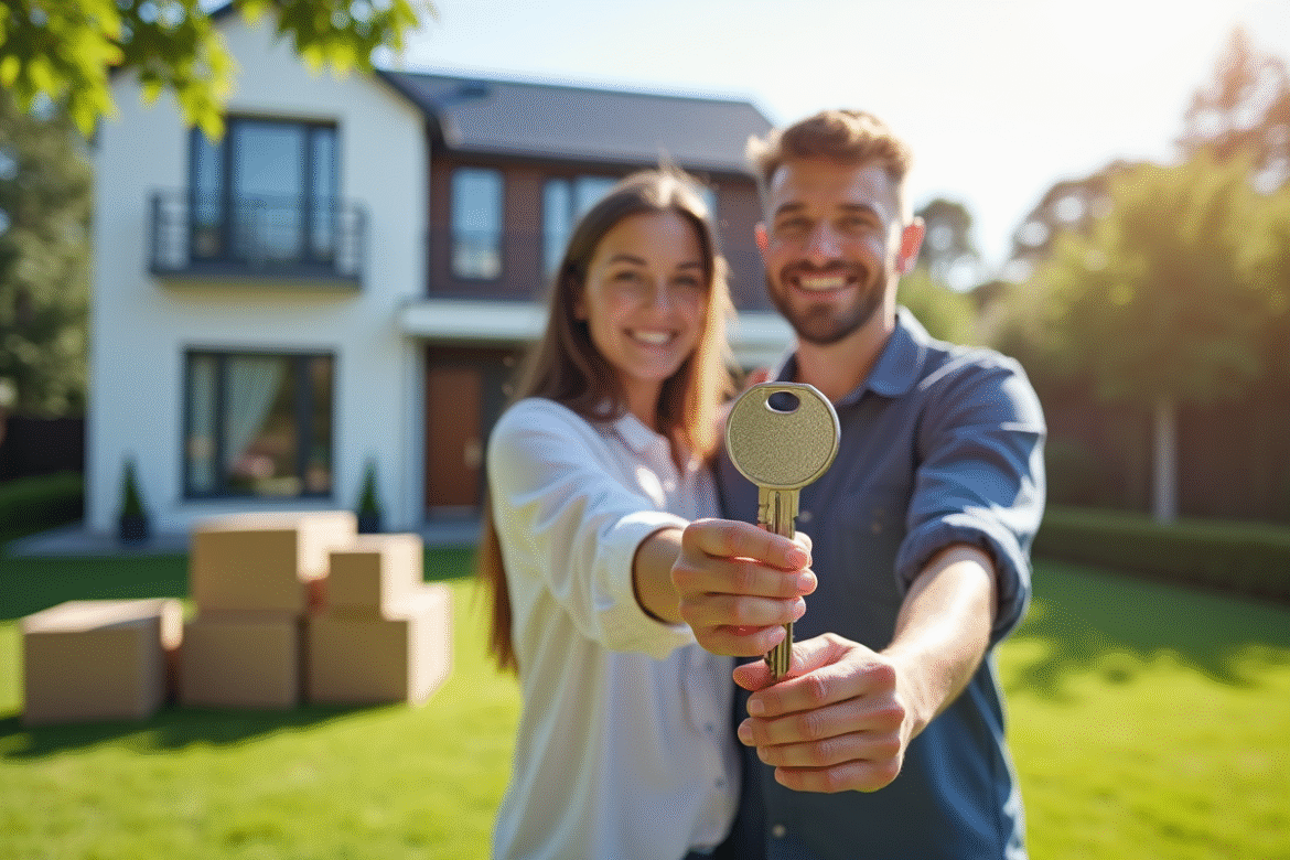 Jeune couple souriant devant une maison moderne avec clé