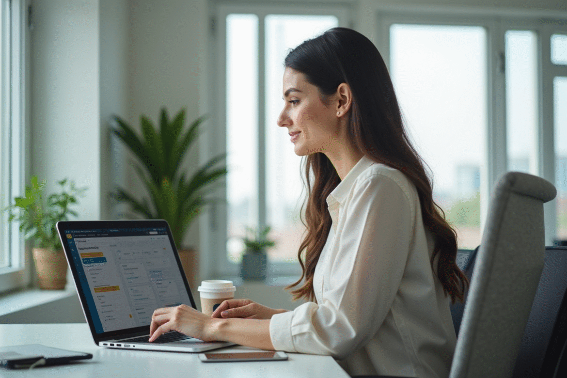 Jeune femme professionnelle utilisant un ordinateur pour suivre des livraisons