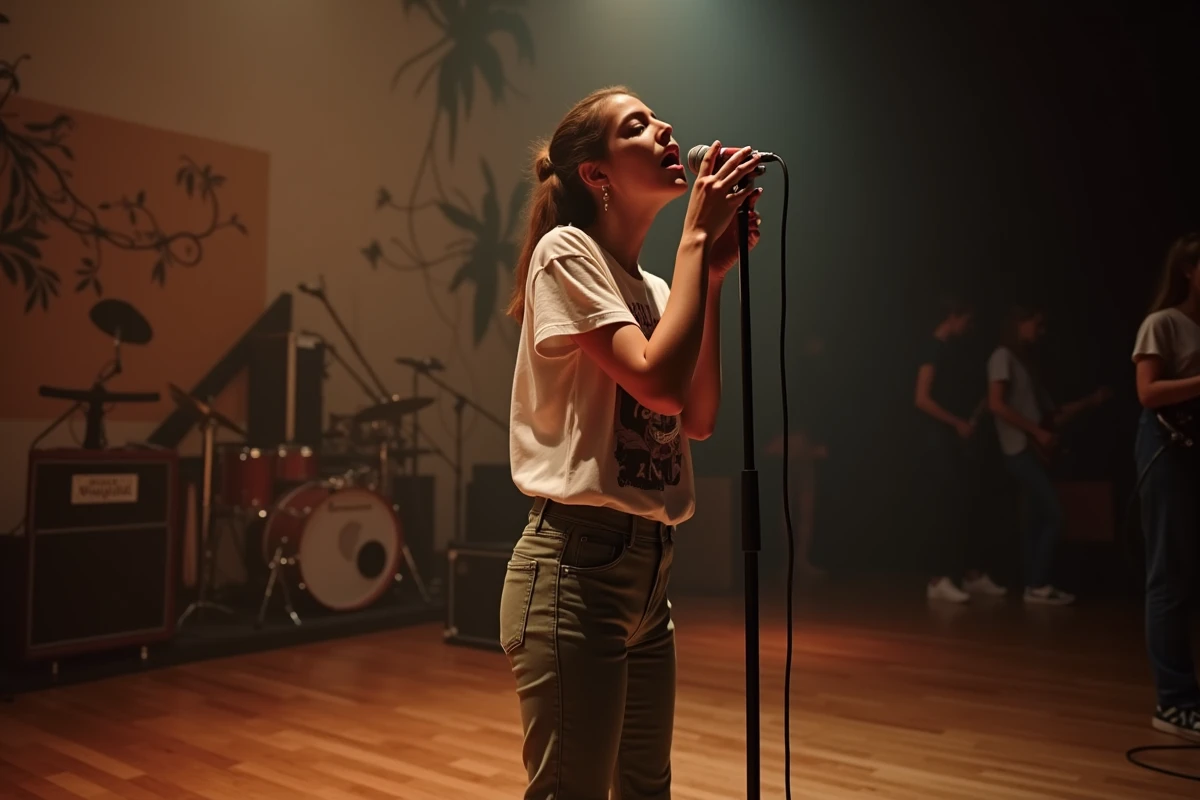 Jeune femme en performance chantant sur scène avec passion