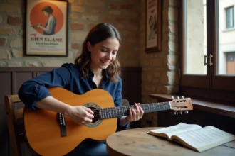 Jeune femme jouant de la guitare dans un intérieur chaleureux