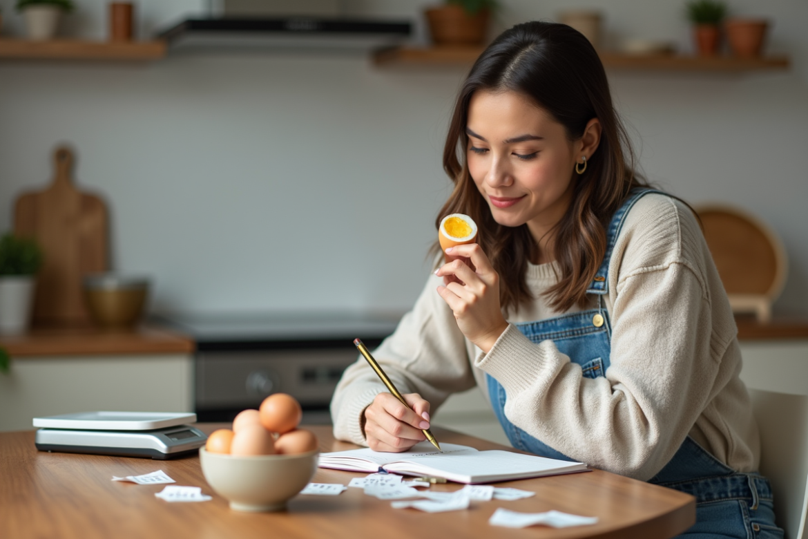 Jeune femme écrivant dans un journal alimentaire avec un œuf dur