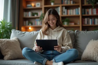 Jeune femme lisant un comic numérique dans son salon urbain