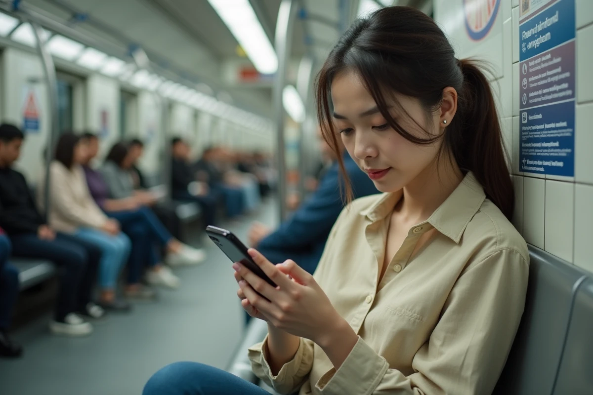 Jeune femme dans le métro activant les paramètres anti-démarchage et blocage des numéros indésirables sur smartphone